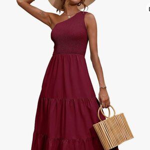 Women One Shoulder Summer Dress Sleeveless High Waist Flowy - Red Wine - M